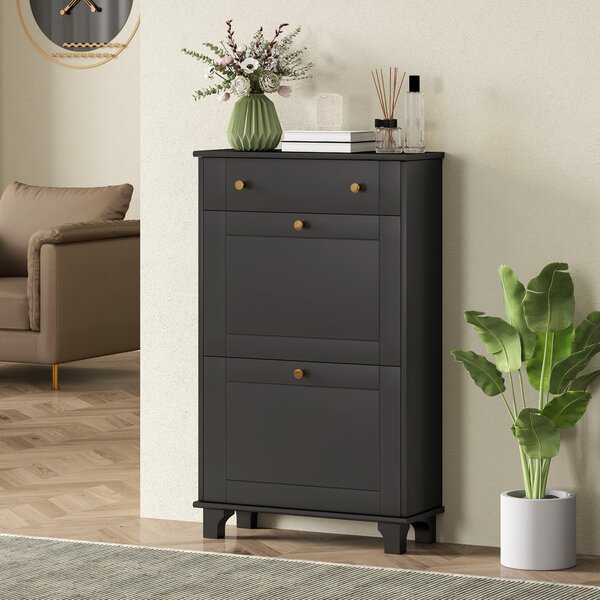HOMCOM Scarpiera Slim con cassetti a ribalta e scaffale regolabile, 60 x 23,5 x 98,5 cm, nero | Aosom Italy