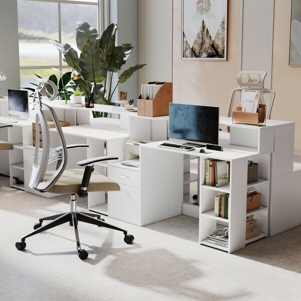 HOMCOM Scrivania con 2 cassetti, scaffali aperti e mensola per stampante, 137x55x92 cm, Bianco | Aosom Italy