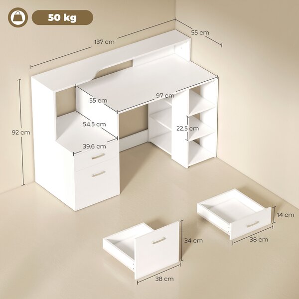 HOMCOM Scrivania con 2 cassetti, scaffali aperti e mensola per stampante, 137x55x92 cm, Bianco | Aosom Italy