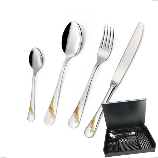Servizio di posate 51 pezzi in astuccio di legno Milano Inciso Oro , 18/10 (AISI304) finitura inox lucido e oro, spessore 2,5 mm