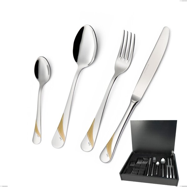 Servizio di posate 24 pezzi in astuccio di legno Milano Inciso Oro , 18/10 (AISI304) finitura inox lucido e oro, spessore 2,5 mm