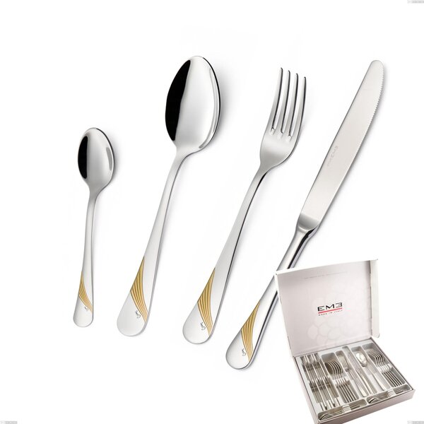 Cofanetto 24 pezzi Milano Inciso Oro , 18/10 (AISI304) finitura inox lucido e oro, spessore 2,5 mm