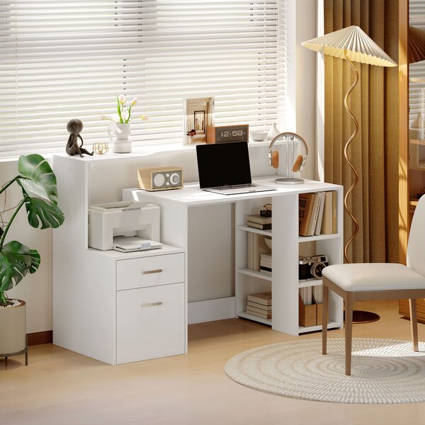 HOMCOM Scrivania con 2 cassetti, scaffali aperti e mensola per stampante, 137x55x92 cm, Bianco | Aosom Italy
