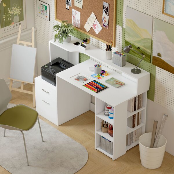 HOMCOM Scrivania con 2 cassetti, scaffali aperti e mensola per stampante, 137x55x92 cm, Bianco | Aosom Italy