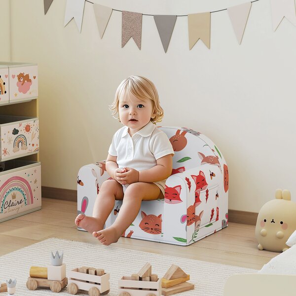 AIYAPLAY Poltrona per Bambini con Stampa di Volpi, da 18-36 Mesi, con Fodera Rimovibile e Tasca, 54x40x43 cm, Bianco | Aosom Italy