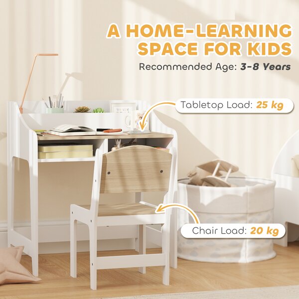 AIYAPLAY Set Scrivania per Bambini con Spazio di Archiviazione, Scomparti Aperti, Sedia, 3-8 Anni, Legno | Aosom Italy