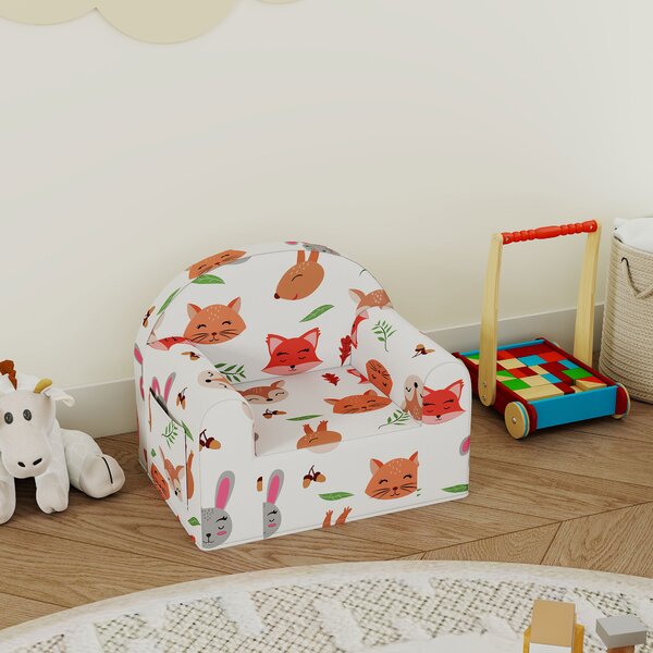 AIYAPLAY Poltrona per Bambini con Stampa di Volpi, da 18-36 Mesi, con Fodera Rimovibile e Tasca, 54x40x43 cm, Bianco | Aosom Italy
