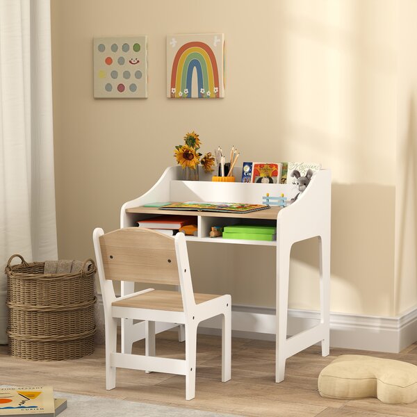 AIYAPLAY Set Scrivania e Sedia per Bambini 3-8 Anni con Scomparti e Ripiani Aperti, Effetto Legno Naturale | Aosom Italy