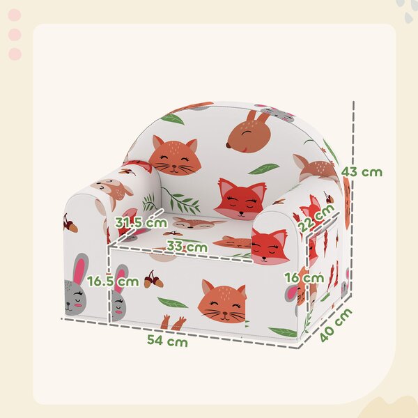 AIYAPLAY Poltrona per Bambini con Stampa di Volpi, da 18-36 Mesi, con Fodera Rimovibile e Tasca, 54x40x43 cm, Bianco | Aosom Italy