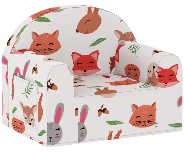 AIYAPLAY Poltrona per Bambini con Stampa di Volpi, da 18-36 Mesi, con Fodera Rimovibile e Tasca, 54x40x43 cm, Bianco | Aosom Italy