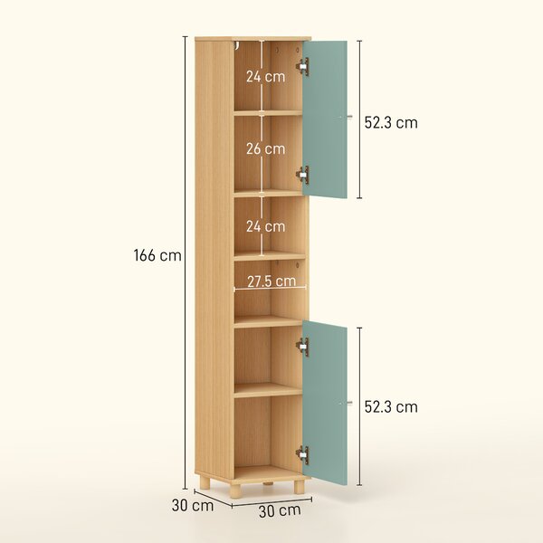HOMCOM Mobiletto da bagno con 2 ante e 2 scomparti aperti, ripiani regolabili, 30 x 30 x 166 cm, Verde | Aosom Italy