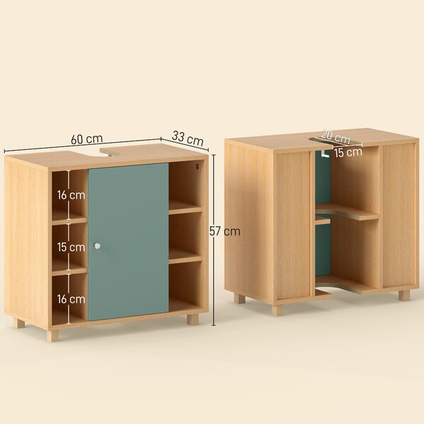 HOMCOM Mobile sottolavabo con 6 scaffali aperti e porta a chiusura ammortizzata, 60 x 33 x 57 cm, Verde | Aosom Italy