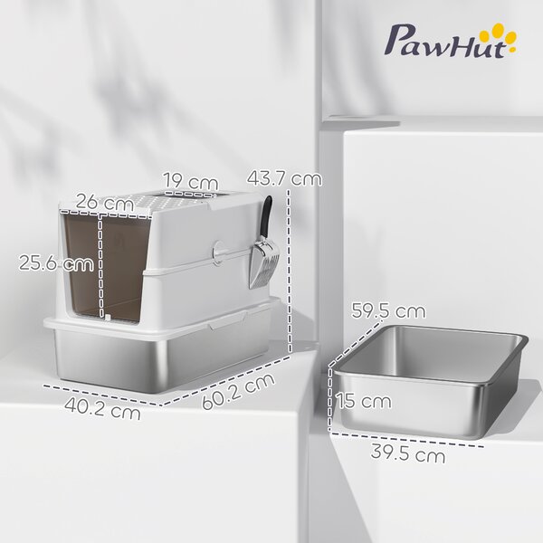 PawHut Lettiera per gatti chiusa in acciaio inossidabile, 60,2 x 40,2 x 43,7 cm, grigio chiaro | Aosom Italy