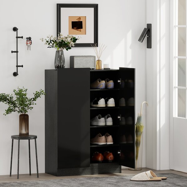 HOMCOM Portascarpe Ingresso con 2 Ante con Chiusura Soft e Ripiani Regolabili per 20 Paia di Scarpe Nero Lucido | Aosom Italy