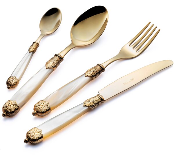 Servizio posate Mirage, in Confezione vetrina 24 pezzi 6 posti tavola , Ghiere oro Tin Gold 18.10 (AISI 304) Perlato