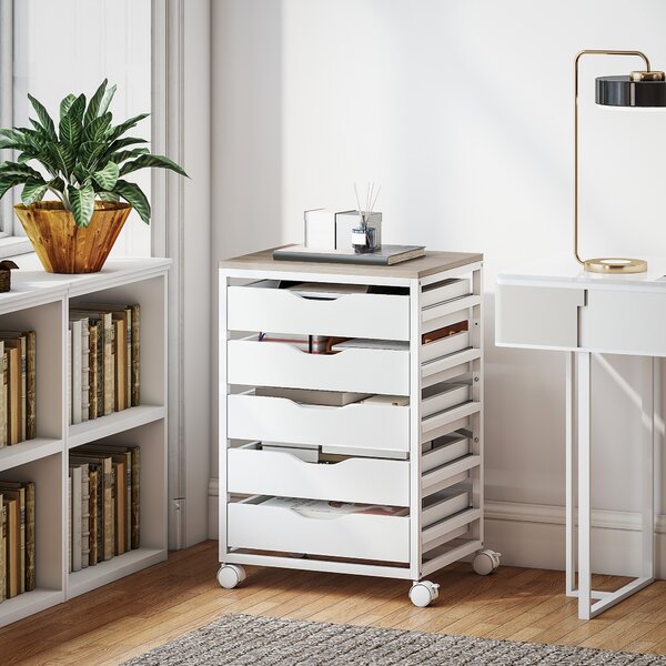 HOMCOM Mobiletto da ufficio su ruote in legno con 5 cassetti, maniglie incassate, 50 x 40 x 74,5 cm, bianco | Aosom Italy