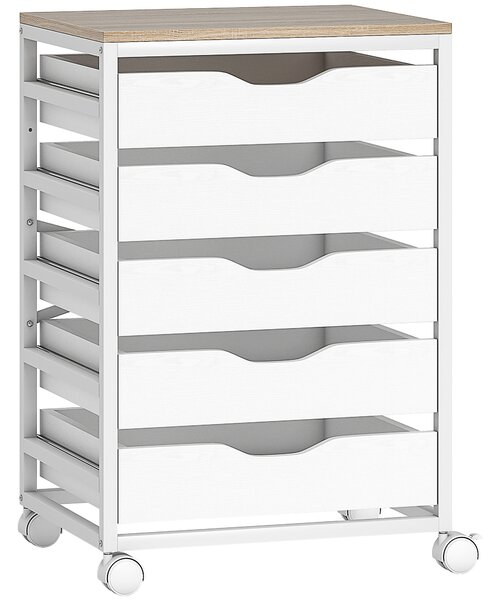 HOMCOM Mobiletto da ufficio su ruote in legno con 5 cassetti, maniglie incassate, 50 x 40 x 74,5 cm, bianco | Aosom Italy