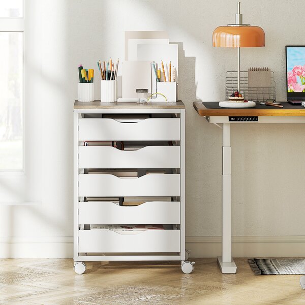 HOMCOM Mobiletto da ufficio su ruote in legno con 5 cassetti, maniglie incassate, 50 x 40 x 74,5 cm, bianco | Aosom Italy