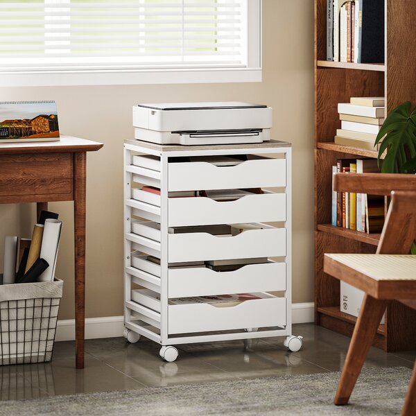 HOMCOM Mobiletto da ufficio su ruote in legno con 5 cassetti, maniglie incassate, 50 x 40 x 74,5 cm, bianco | Aosom Italy