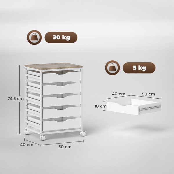 HOMCOM Mobiletto da ufficio su ruote in legno con 5 cassetti, maniglie incassate, 50 x 40 x 74,5 cm, bianco | Aosom Italy