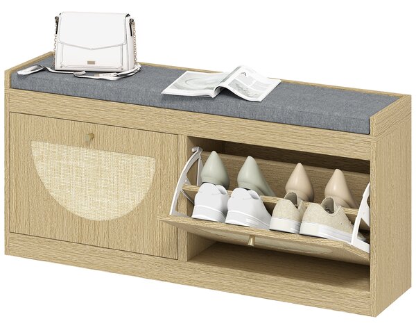 HOMCOM Panca Portascarpe con Sedile Imbottito, Ante Frontali in Rattan e Ripiano Regolabile, per 8 Paia di Scarpe, Legno Naturale | Aosom Italy