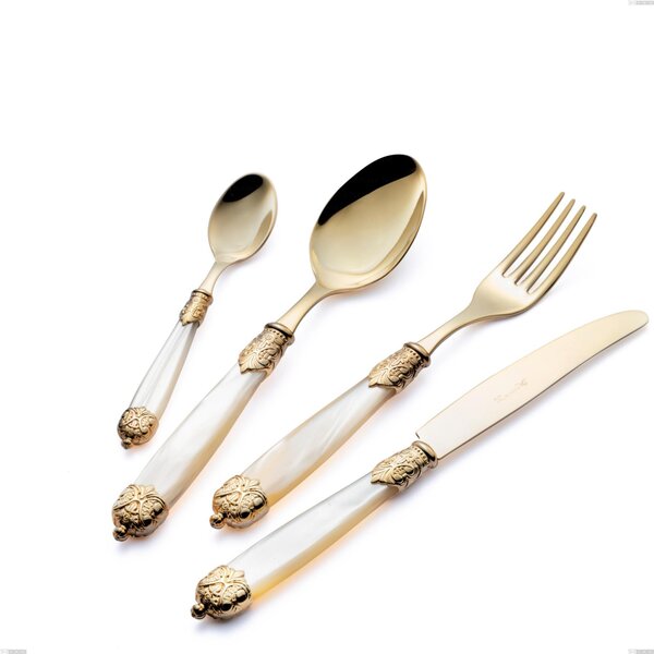 Forchetta tavola Mirage Perlato Tin gold, acciaio 18.10 con finitura pvd dorata colorato, manici in metacrilato, lunghezza 221 mm