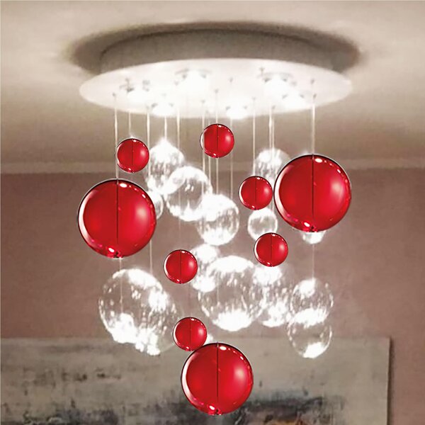 Plafoniera da Soffitto solida base inox a taglio laser Bolero 25 SFERE CRISTALLO Dimensioni 60x60xh 70 cm G10 6x Max 50 Watt 7,5 kg e diffusori con sfere in vetro cristallo Rosso