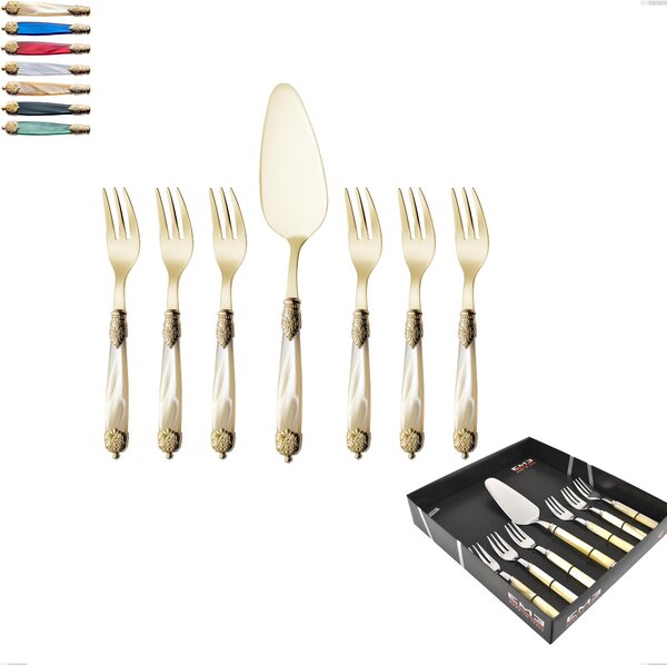 Confezione vetrina 7 pezzi, forchettine pi� paletta dolce Mirage Perlato Tin gold, acciaio 18.10 con finitura pvd dorata colorato, manici in metacrilato