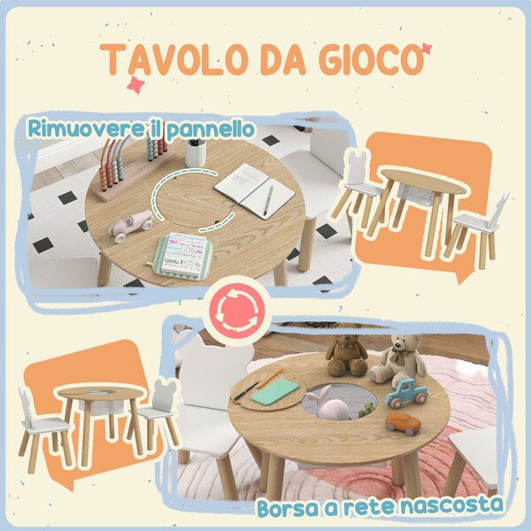 AIYAPLAY Set con Tavolo e 2 Sedie per Bambini con Schienale a Orsetto, Tavolino con Vano Contenitore, Bianco e Legno | Aosom Italy