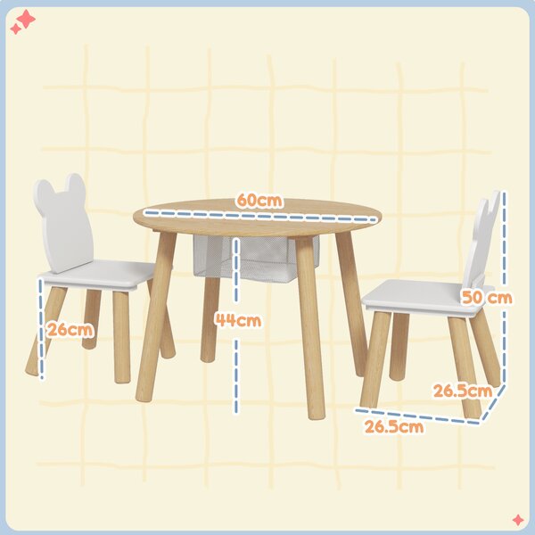 AIYAPLAY Set con Tavolo e 2 Sedie per Bambini con Schienale a Orsetto, Tavolino con Vano Contenitore, Bianco e Legno | Aosom Italy