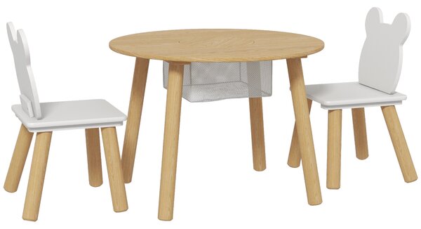 AIYAPLAY Set con Tavolo e 2 Sedie per Bambini con Schienale a Orsetto, Tavolino con Vano Contenitore, Bianco e Legno | Aosom Italy