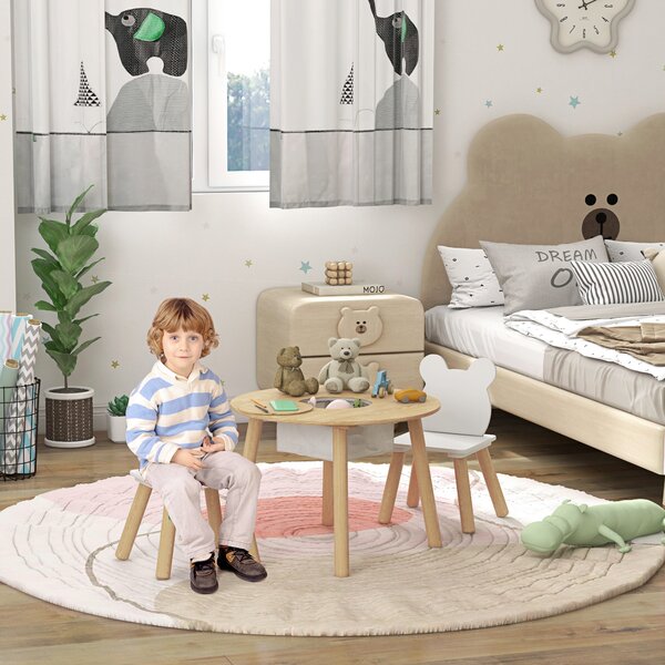 AIYAPLAY Set con Tavolo e 2 Sedie per Bambini con Schienale a Orsetto, Tavolino con Vano Contenitore, Bianco e Legno | Aosom Italy