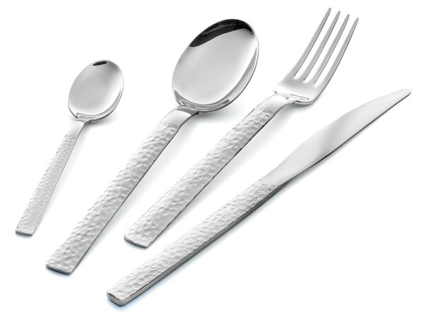 Servizio di posate 24 pezzi in astuccio di legno Marte, Acciaio inox 18/10 (AISI304), Lavorazione martellata spessore 2.5 mm