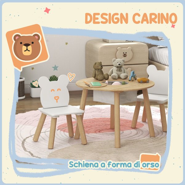 AIYAPLAY Set con Tavolo e 2 Sedie per Bambini con Schienale a Orsetto, Tavolino con Vano Contenitore, Bianco e Legno | Aosom Italy