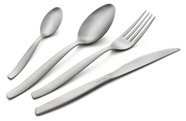 Servizio Posate in acciaio 24 pezzi 6 posti tavola con coltelli bistecca SHARK Sabbiato in acciaio 18.C Satinato spessore 2 mm in confezione salvaspazio