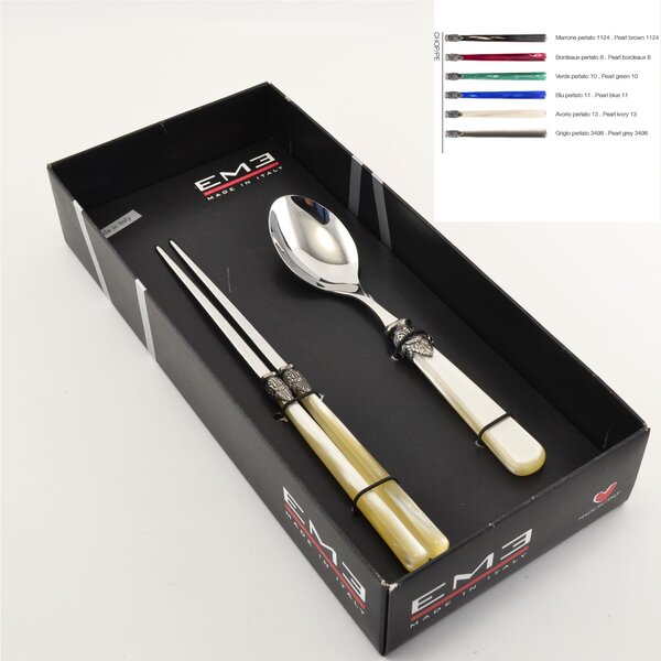 Confezione Vetrina 2 Coppie di bacchette per cucina asiatica e cucchiao Frutta 220 mm vari colori
