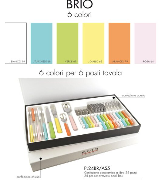 Set Posate Colorate 24 pezzi BRIO in acciaio 18/C in confezione panoramica Colori Pastello