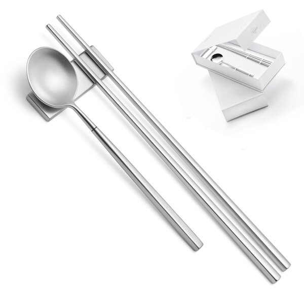 Set KYOTO SUSHI SABBIATO in acciaio 18.10 forgiato accoglie 3 posate finitura inox Sabbiato pi� poggia posate in confezione regalo a Libro