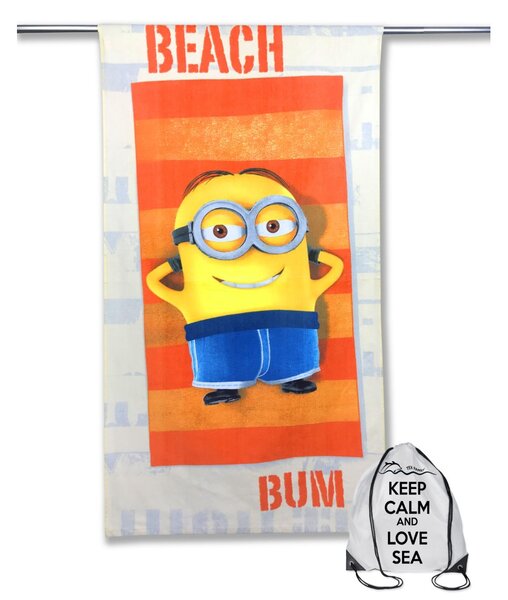 TELO MARE IN SPUGNA MINION BEACH BUM cm. 70x140 con zaino Spiaggia KEEP CALM