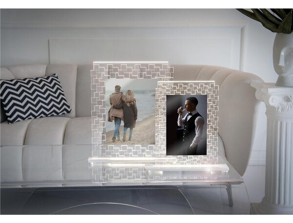 Cornice Portafoto Luminosa Doppia in Plexiglass Dimensioni 24x5x h 30 cm PER FOTO 13x18 cm trasparente argento