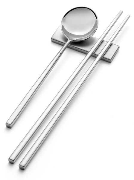 Set KYOTO SUSHI in acciaio 18.10 forgiato accoglie 3 posate ,Chopstick 250 mm , Cucchiaio 183 mm finitura inox lucido pi� poggia posate