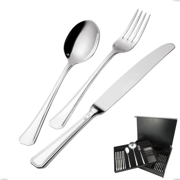 Servizio di posate 75 pezzi in astuccio di legno Savoia Argentato 3 mm spessore argento 25 micron, Acciaio inox 18/10 (AISI304) Argento 25 micron, spessore 3 mm