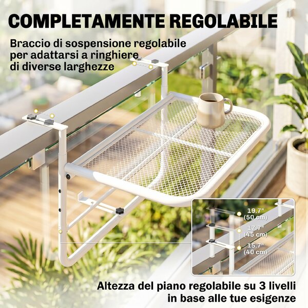 Outsunny Tavolo da Ringhiera Altezza Regolabile, 3 Livelli, in Metallo, Spazio Salvaspazio, 60x56.5x45cm, Bianco|Aosom