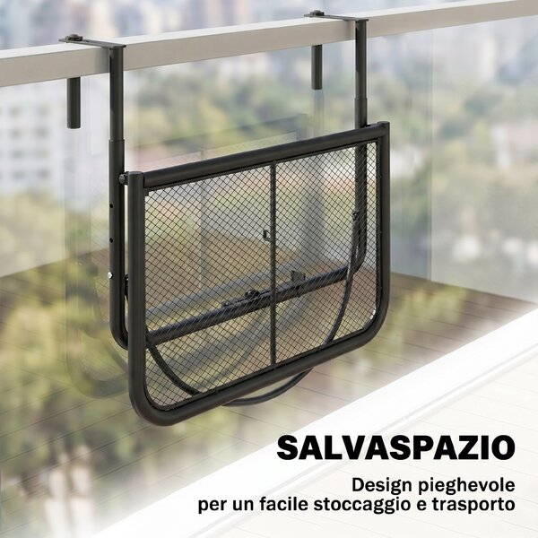 Outsunny Tavolino da Balcone Ringhiera Appeso Braccio con Ripiano Regolabile, Ferro, Nero 60 x 56.5 x 45 cm|Aosom