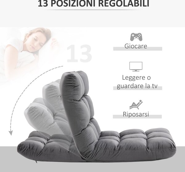 HOMCOM Poltrona da Terra in Velluto con Schienale Reclinabile fino 180° e Imbottitura Spessa, 55x71x53.5cm, Grigio Scuro | Aosom Italy