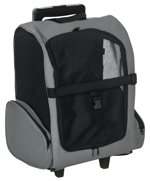 PawHut Trasportino Zaino 2 in 1 per Cani e Gatti con Tasche Laterali, Maniglia Telescopica e Ruote, 42x25x55cm, Grigio|Aosom