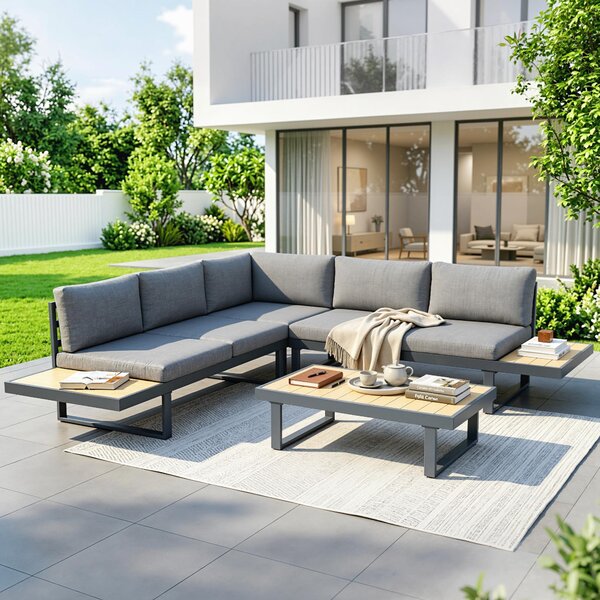 Outsunny Set da Giardino 4 Pezzi in Alluminio con 2 Divanetti, Poltrona Angolare e Tavolino da Caffè, Grigio e Teak|Aosom