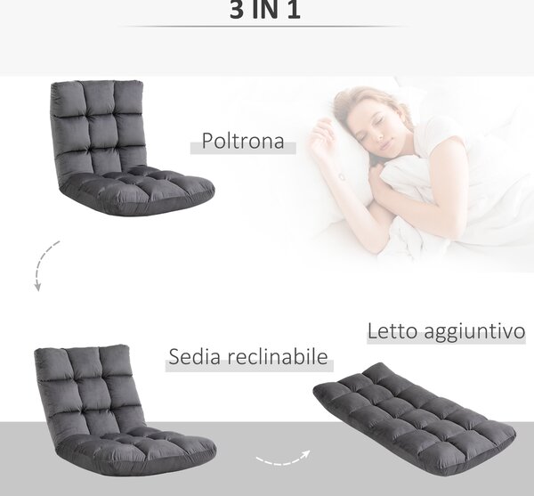 HOMCOM Poltrona da Terra in Velluto con Schienale Reclinabile fino 180° e Imbottitura Spessa, 55x71x53.5cm, Grigio Scuro | Aosom Italy