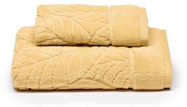 Asciugamano Con Ospite In Cotone Foglie Standard Primanatura Tinta Unita Miele Caleffi