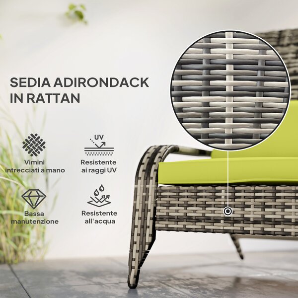 Outsunny Sedia da Giardino in Rattan, Poltrona da Esterno a Adirondack con Braccioli e Cuscini Imbottiti, Grigia, 65x86x90cm|Aosom